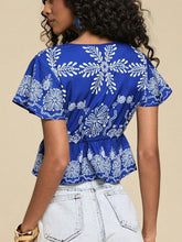 Blue Ruffled V-neck Vacation Print Top